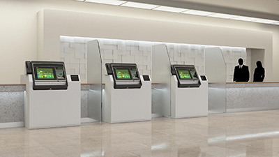 NCR Dealers NJ are ready to help banks with branch transformations-bank of 3 atms with 1-male and 1-female silhouette at one end